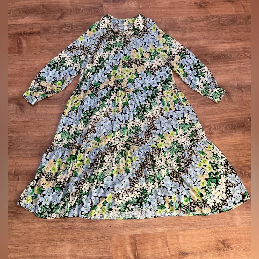 H&M Floral Tiered Long Maxi Dress Size XL Shift Collared Cottagecore Prairie‎ - Picture 7 of 11